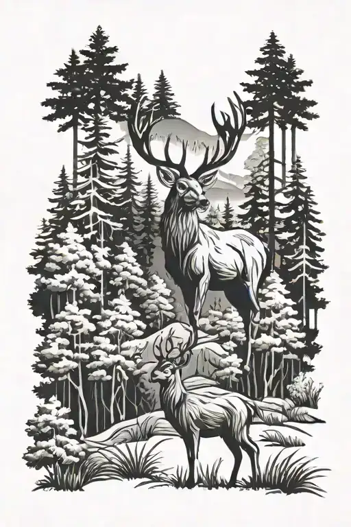 deer in the forest with background landscape tattoo design idea
