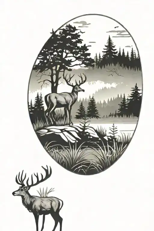 white tail deer in the forest with background landscape tattoo design idea