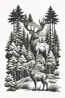 deer in the forest with background landscape tattoo design idea