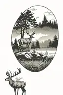 white tail deer in the forest with background landscape tattoo design idea