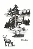 white tail deer in the forest with background landscape tattoo design idea