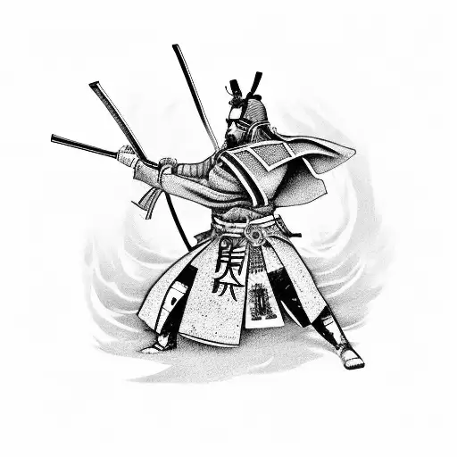 shinjigami samurai on battlefield surrounded by swords and the fallen. death card tattoo design idea