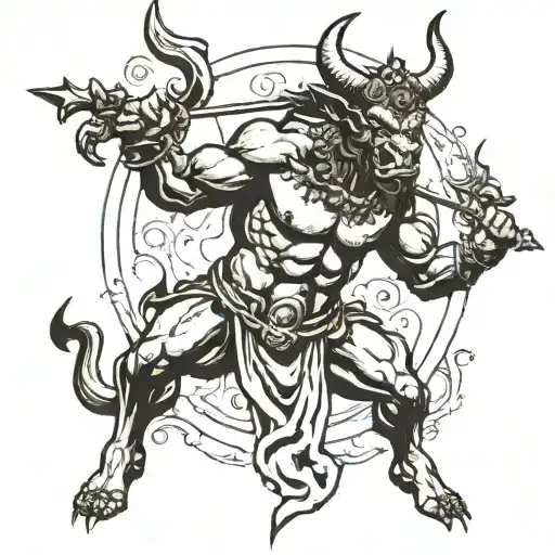 male black Minotaur holding a fire bow  tattoo design idea