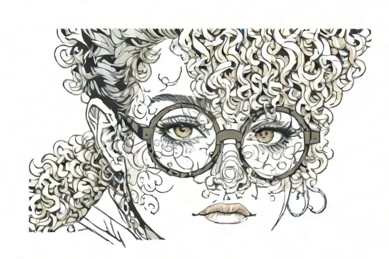 adult woman with curly hair, brown eyes and freckles on her nose, cheeks and lips and round glasses tattoo design idea