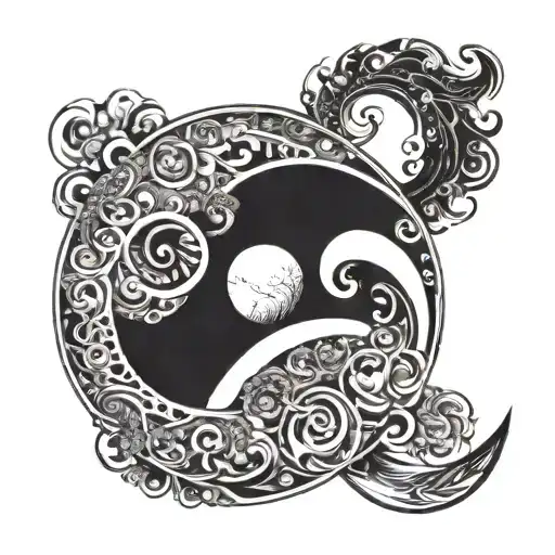 A sunspiral merging into a crescent moon, symbolizing the evolution of intuition and femininity tattoo design idea