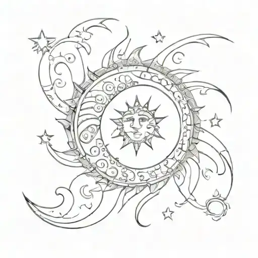 A sunspiral merging into a crescent moon, symbolizing the evolution of intuition and femininity tattoo design idea