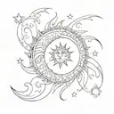 A sunspiral merging into a crescent moon, symbolizing the evolution of intuition and femininity tattoo design idea