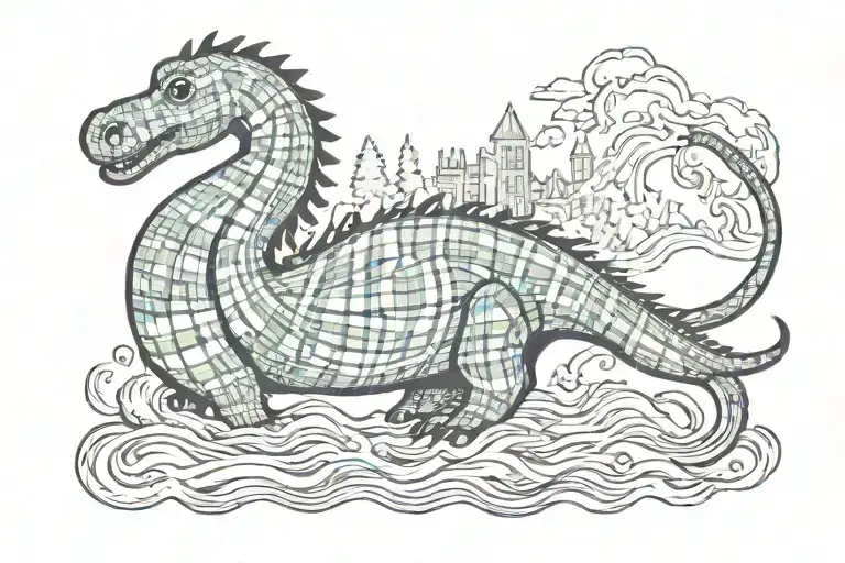 Scotland inspired, Loch Ness monster, tartan plaid tattoo design idea