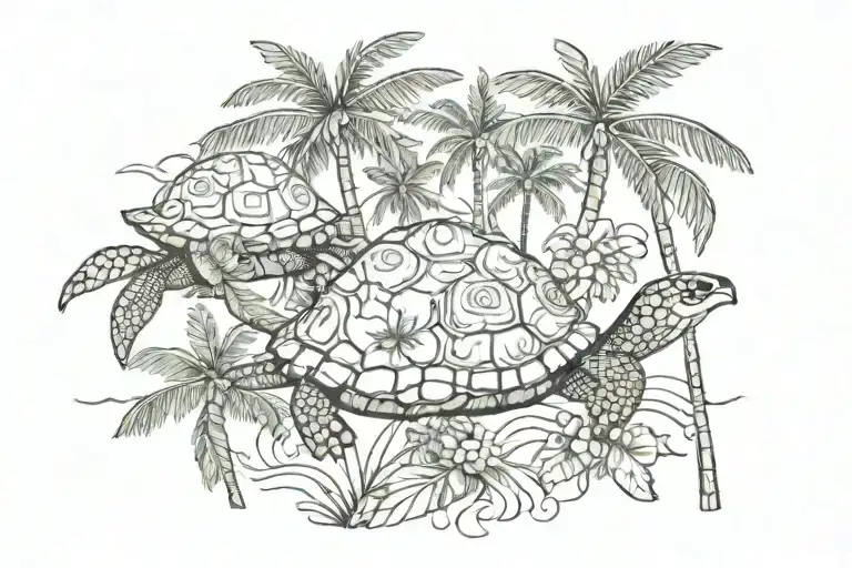 Fiji inspired, palm trees, turtle tattoo design idea