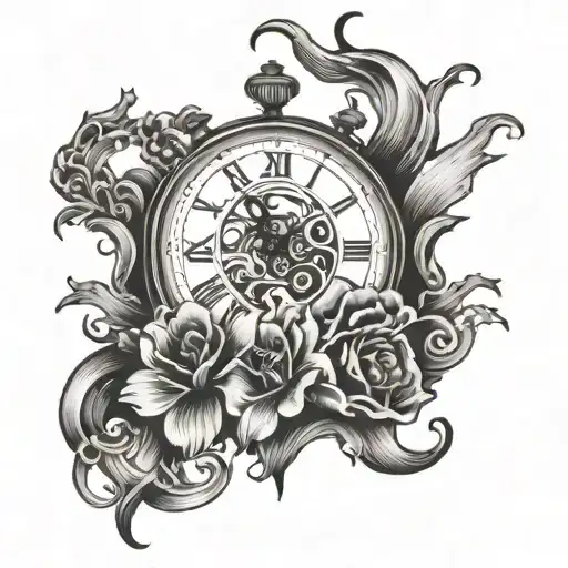 chest tattoo incorporating the ocean, an empty clock face, dog paws and "and still I rise" written in calligraphy style tattoo design idea