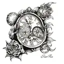 chest tattoo incorporating the ocean, an empty clock face, dog paws and "and still I rise" written in calligraphy style tattoo design idea