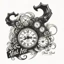 chest tattoo incorporating the ocean, an empty clock face, dog paws and "and still I rise" written in calligraphy style tattoo design idea