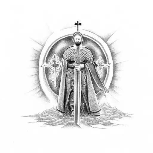 A dotwork tattoo of King Baldwin standing in a heroic pose with a cross in the background tattoo design idea