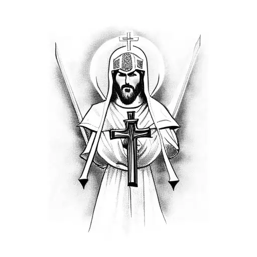 A detailed blackwork tattoo of a crusader holding a cross with a backdrop of Eva Maria tattoo design idea