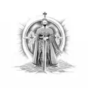 A dotwork tattoo of King Baldwin standing in a heroic pose with a cross in the background tattoo design idea