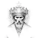 A dotwork tattoo of King Baldwin standing in a heroic pose with a cross in the background tattoo design idea