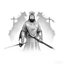 A dotwork tattoo of King Baldwin standing in a heroic pose with a cross in the background tattoo design idea