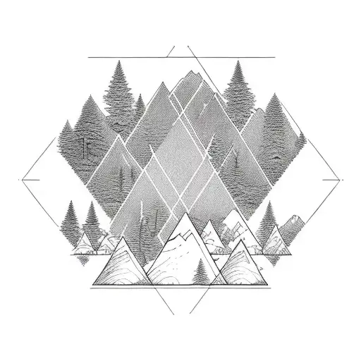 Simple mountain scenary in the middle of coniferous forest. Everything inside of a rhombus frame. tattoo design idea