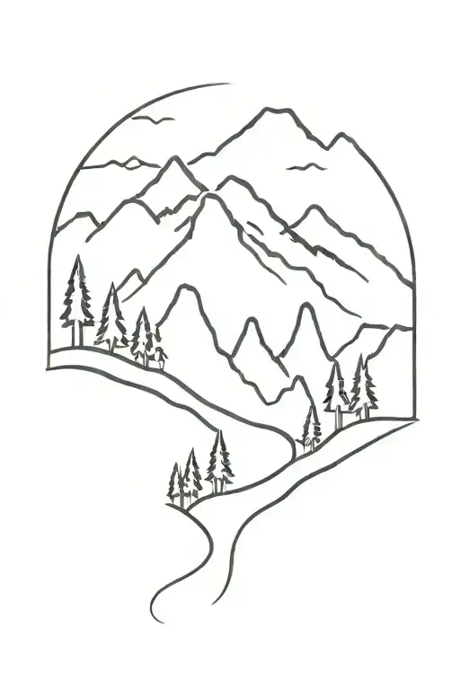 Scenary of Scandinavian forest with mountain silhoettes in the background and narrow river leading up them.  tattoo design idea