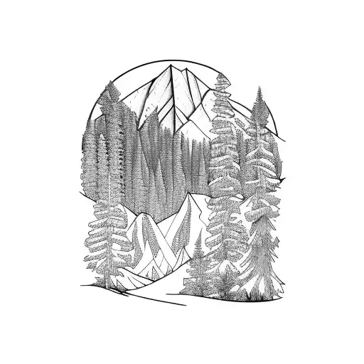mountain view  in thick nordic coniferous forest tattoo design idea
