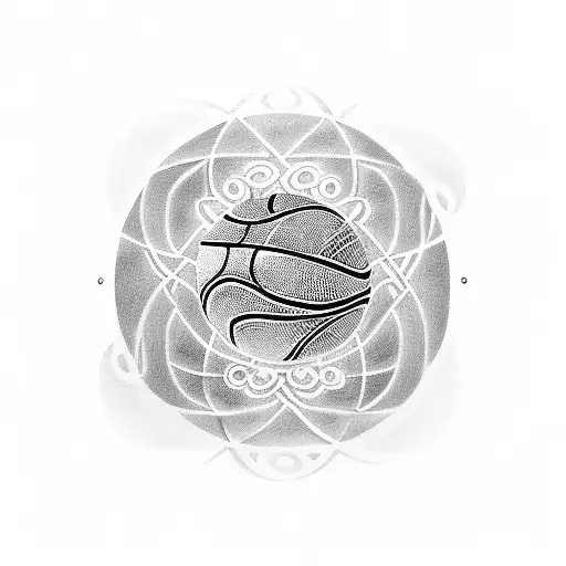 A mesmerizing blackwork tattoo of a swirling basketball surrounded by musical notes and a wine glass, representing your passions for basket, music, and wine. tattoo design idea