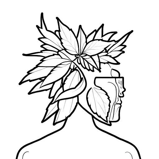 Minimalist silhouette of a person doing exercise surrounded by cannabis leaves tattoo design idea