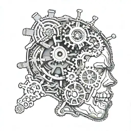 An intricate tattoo design of a brain made out of gears and cogs, representing the concept of self-improvement through learning and growth tattoo design idea