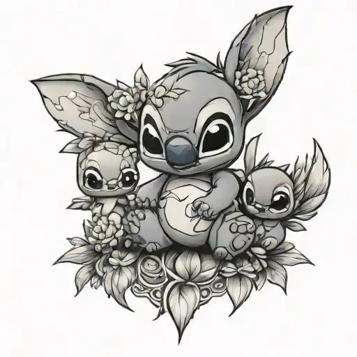 A black-grey tattoo of Stitch and his Ohana family gathered around the tree of life, symbolizing unity and strength tattoo design idea