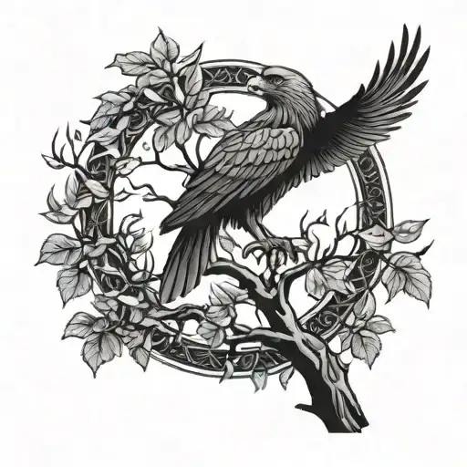 A blackwork design of a buzzard perched on a branch of the tree of life, creating a striking and symbolic image tattoo design idea
