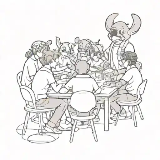 A sketch style tattoo of Stitch teaching a group of students in a classroom setting, representing the client's occupation in education tattoo design idea