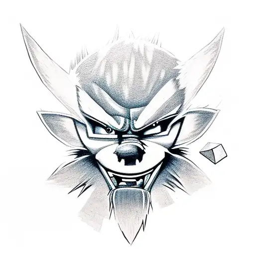 A realistic tattoo of a Crash Bandicoot character in a dynamic pose, surrounded by gaming symbols tattoo design idea