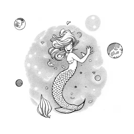 a mermaid falling in love with a astronaut touching their hands tattoo design idea