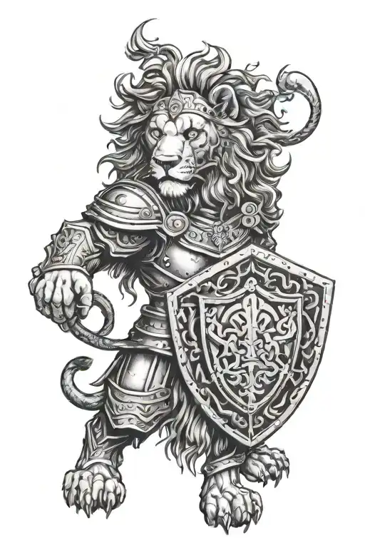A lion with a shield and helmet symbolizing courage in battle tattoo design idea