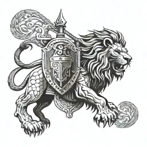 A lion with a shield and helmet symbolizing courage in battle tattoo design idea