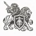A lion with a shield and helmet symbolizing courage in battle tattoo design idea