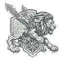 A lion with a shield and helmet symbolizing courage in battle tattoo design idea