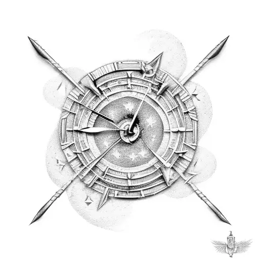 A Sagittarius archer shooting arrows made of clock hands, representing ambition and the pursuit of time tattoo design idea