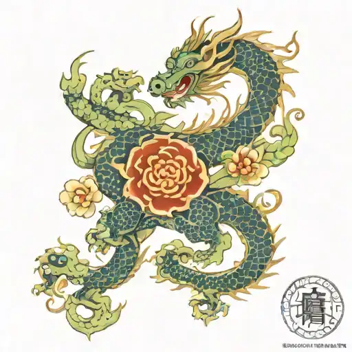 porcelain style tattoo of asian dragon, with incorporation of zodiac animals, rat, sheep, ox, and dog around upper thigh tattoo design idea