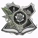 an open book growing a rose tattoo design idea