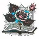 an open book growing a rose tattoo design idea