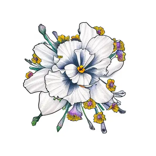 bouquet of jonquil, morning glory, Two marigolds, A plum blossom branch  in the background, California poppies, A sequoi tattoo design idea