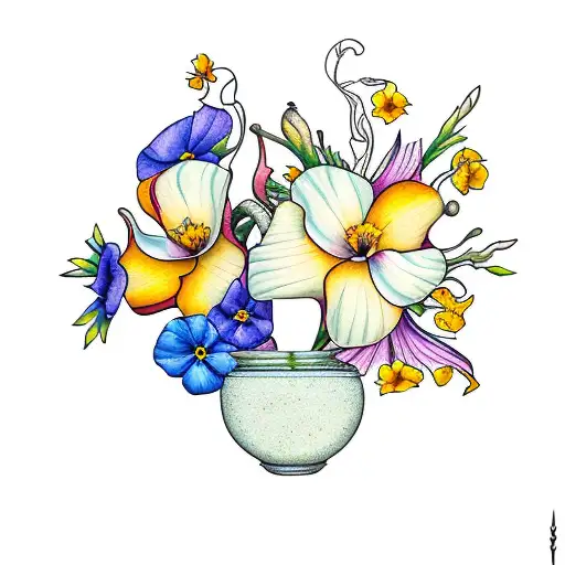 bouquet of jonquil, morning glory, Two marigolds, A plum blossom branch  in the background, California poppies, A sequoi tattoo design idea