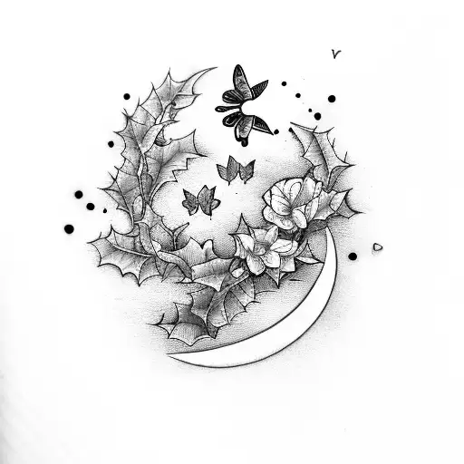 December holly flower, healed heart, moon, butterflies, and the word stay tattoo design idea
