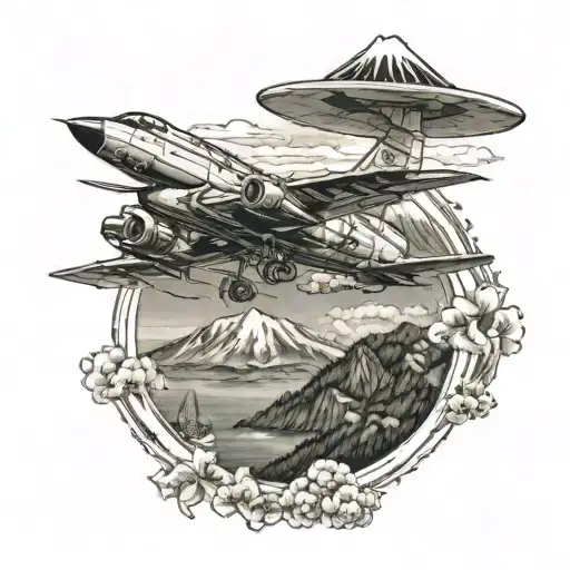 A realism tattoo design of a military plane soaring through a beautiful Japanese landscape with Mount Fuji in the background tattoo design idea