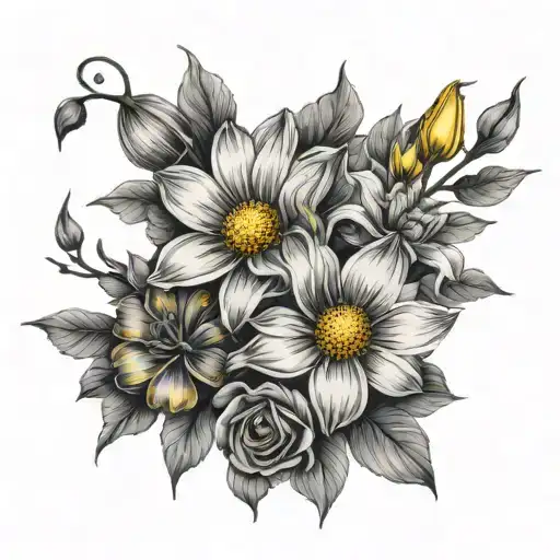Black And Grey "Daisy, Rose, Water Lilly, Poppy, Daffodil On A Vine" Tattoo Design Idea tattoo design idea