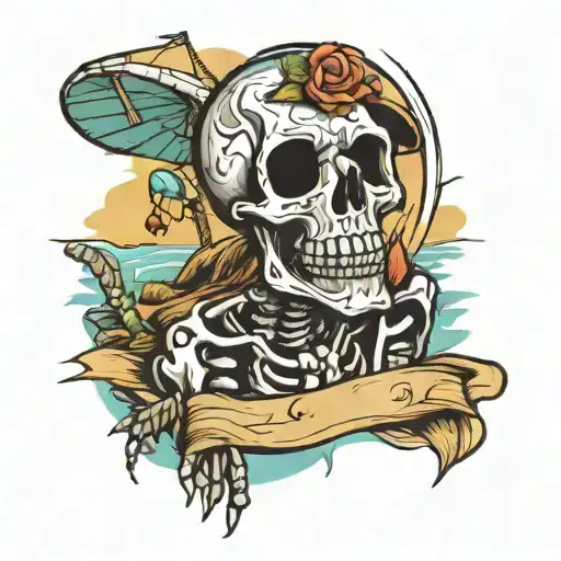 skeleton on the beach tattoo design idea