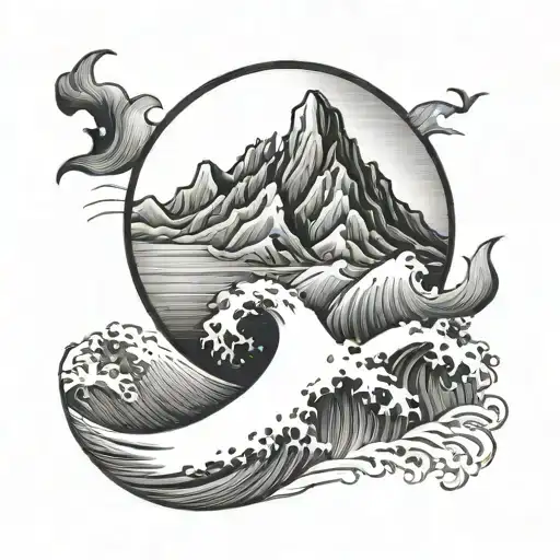 wave, cross and mountain peak tattoo design idea
