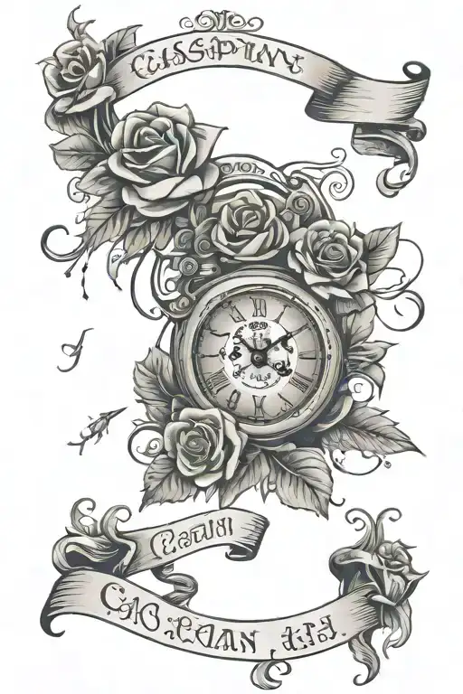 clock that says 4:30 with roses around it and a banner that says "Caspian"  tattoo design idea