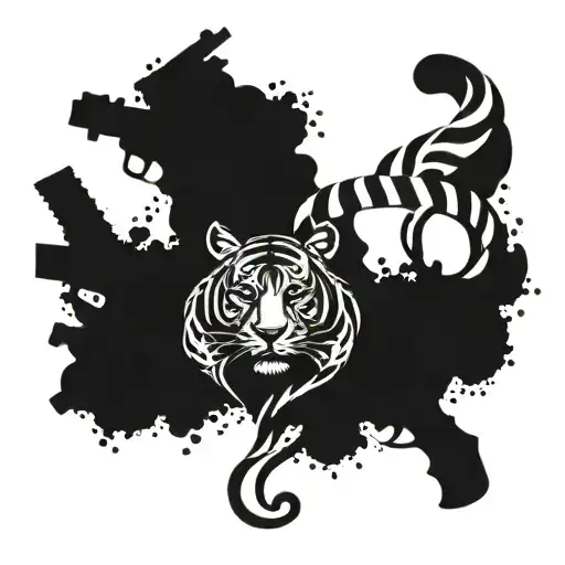 Tiger face surrounded by rifle rounds linked together tattoo design idea