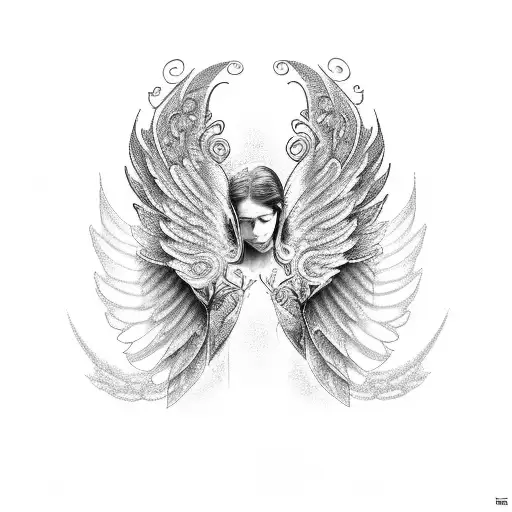 Create a delicate and intricate tattoo on the shoulder in memory of a deceased son, combining angel wings with the name Adrien and a celestial theme tattoo design idea